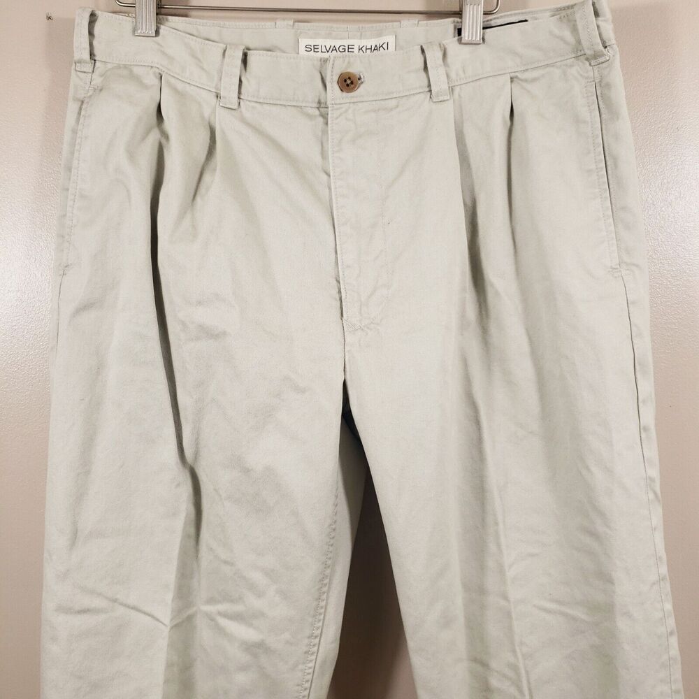 LINCS David Chu Pants Men 36x32 Selvedge Khaki Beige Cotton Pleated Cuffed Chino